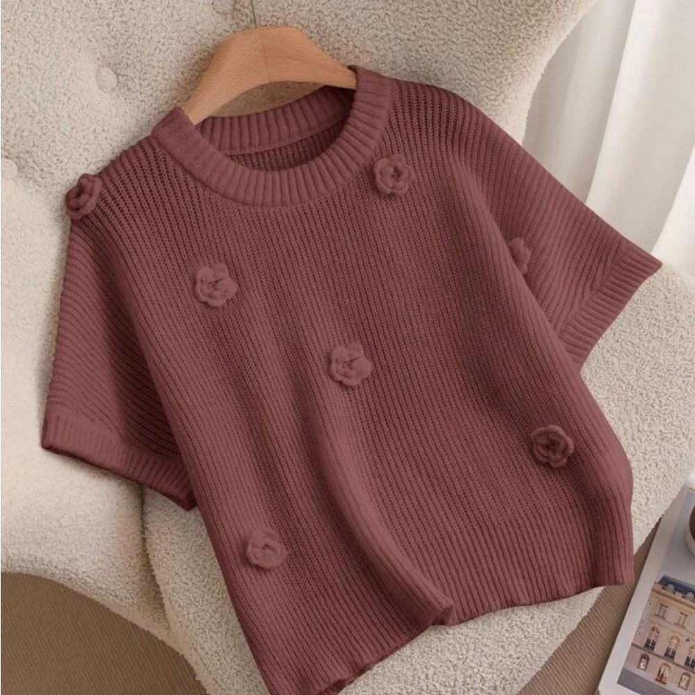 NIB Brown Knit Sweater with Floral Accents PLUS SZ 2X (16) Raglan sleeves NEW - Picture 4 of 9